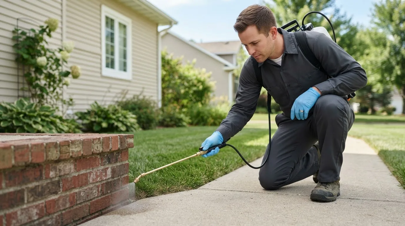 Pest control technician treating a home near Byron, MN